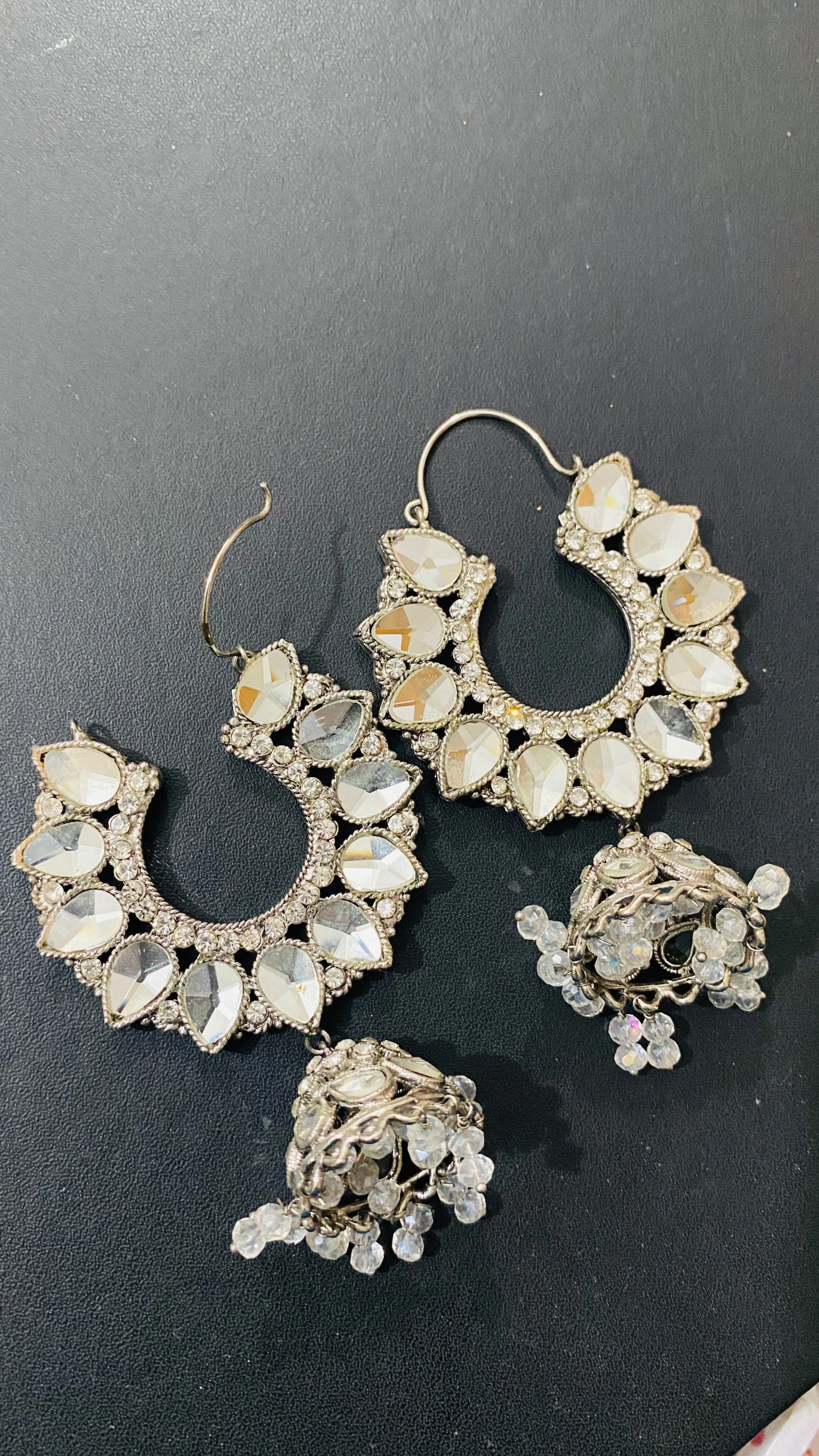 Traditional silver stone crescent Jhumka earrings