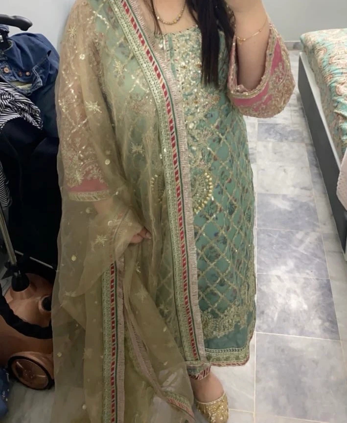 Mint Green embroidered shirt with golden net dupata