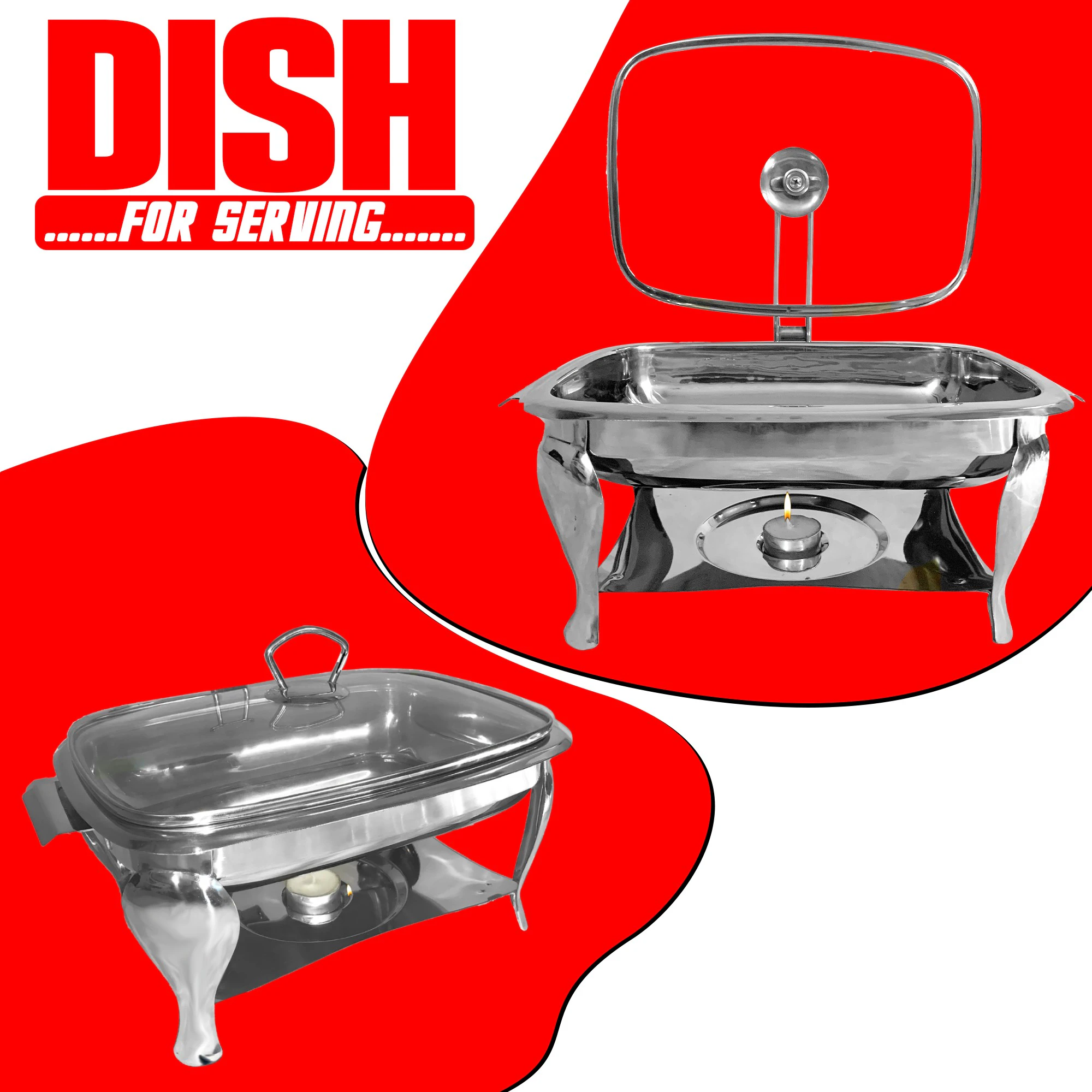 Stainless Steel Square Curry Pot with Glass Lid -Buffet Food Warm, Serving Dish