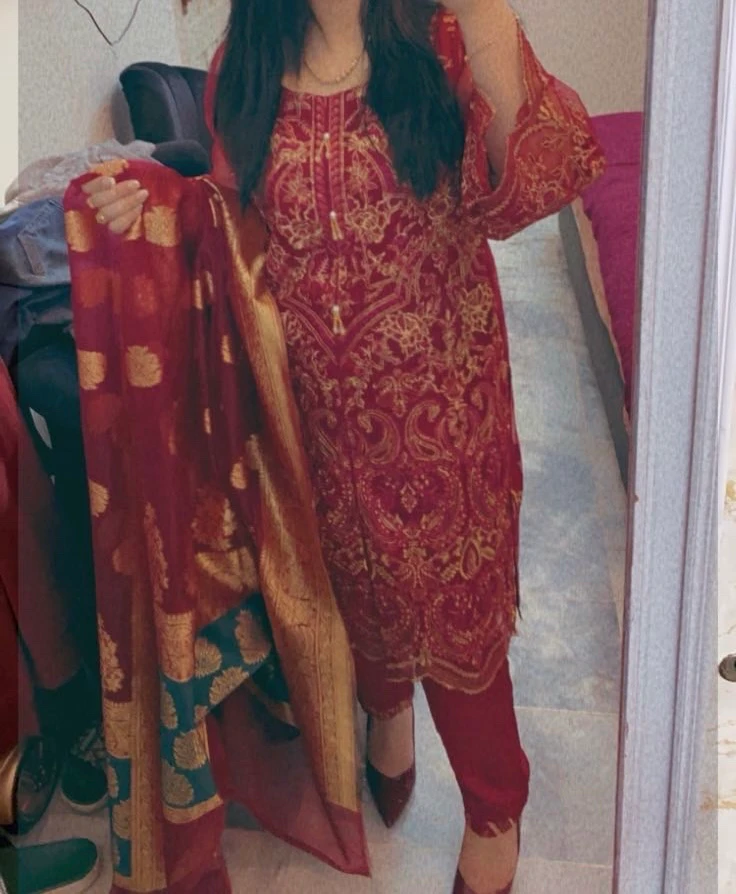 Hot Red Fancy Dress with jamawar Dupata
