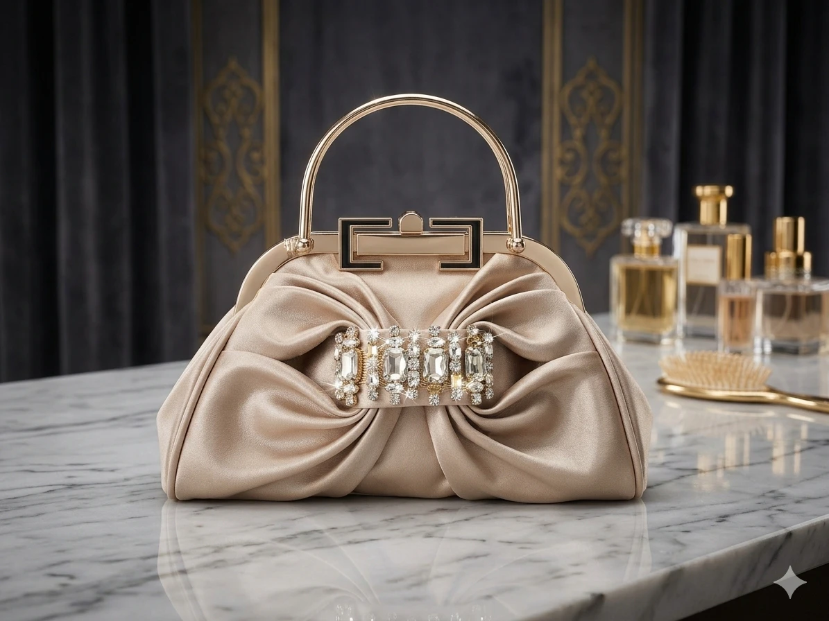 Champagne Satin Embellished Clutch
