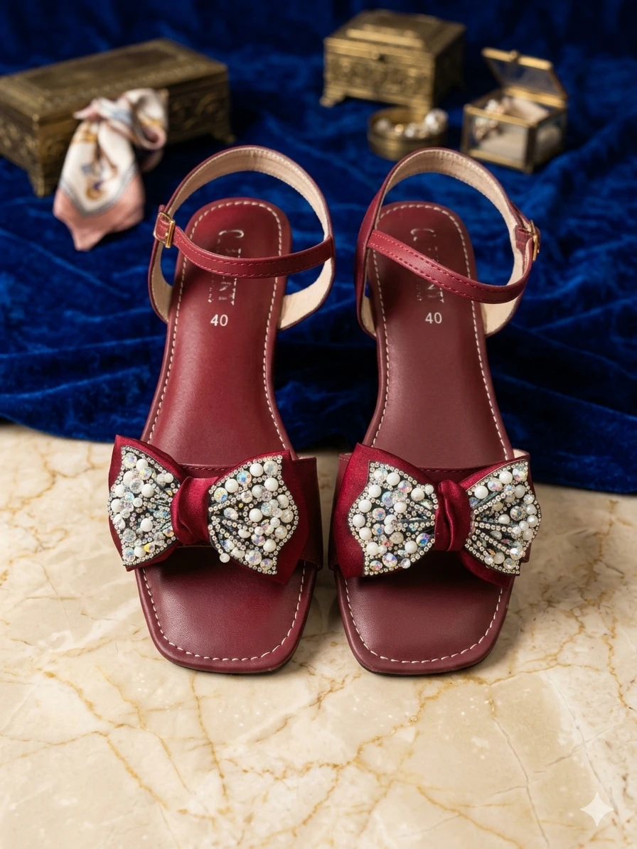 Maroon Pearl & Rhinestone Bow Sandals