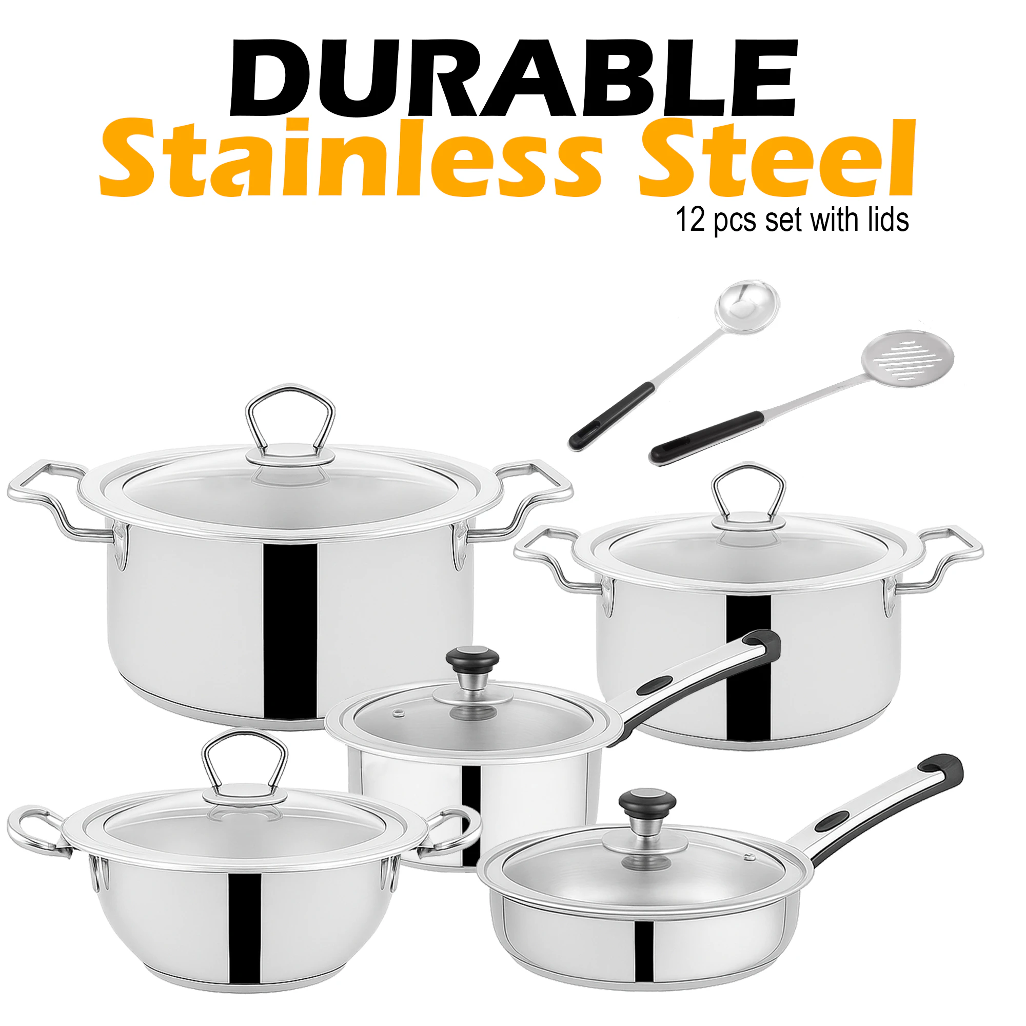 Alpha Stainless Steel 12-Piece Cookware Set – Double Bottom Pots & Pans Gift Set